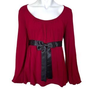 August Silk Red Bow Babydoll Longsleeve Top Women's Medium